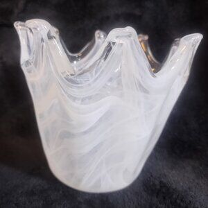 Murano Art Glass Crown Vases Set of 2 | White Lattimo Swirl Italian Glass | Hand